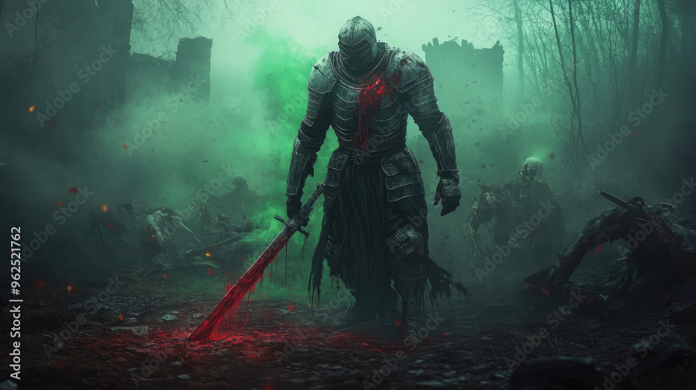 A terrifying undead in a suit of armor is holding a sword and is surrounded by other people A terrifying undead in a suit of armor is holding a sword and is surrounded by other people