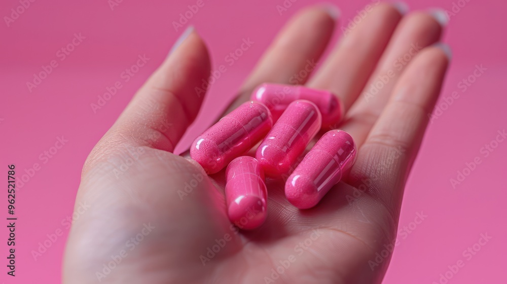 Female Hand Holding Pink Capsules on Pink Background Female Hand Holding Pink Capsules on Pink Background