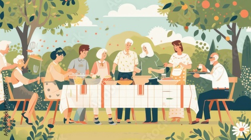 A joyful gathering of a diverse group of family and friends, including children, adults, and elderly, enjoying outdoor conversations around a table, while preparing a barbecue and sharing vegetables.

