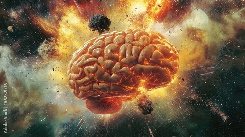 Concept art of a human brain exploding with knowledge and creativity
