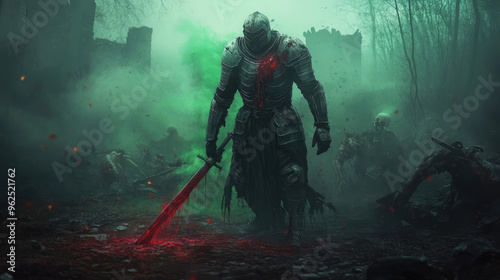 A terrifying undead in a suit of armor is holding a sword and is surrounded by other people