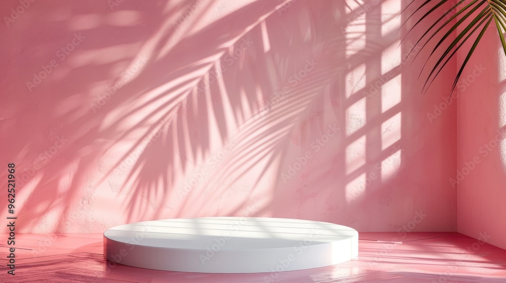Abstract backdrop for cosmetic product presentation with tropical palm leaf shadow on premium podium. White table and pink wall included. Abstract backdrop for cosmetic product presentation with tropical palm leaf shadow on premium podium. White table and pink wall included.