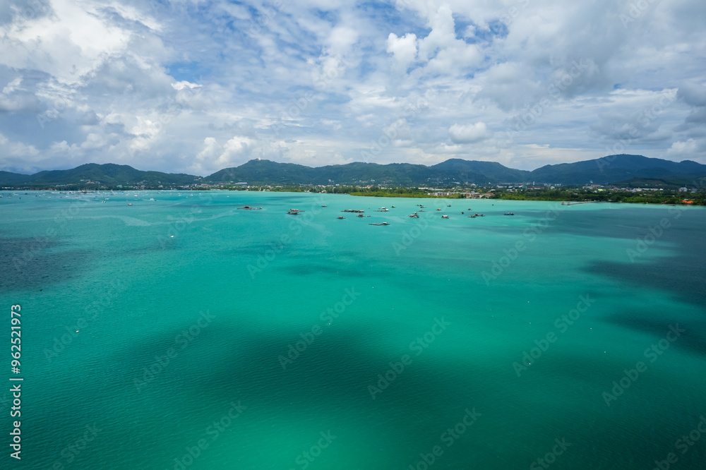 Fototapeta premium High angle view of Blue sky white clouds over sea with shadow clouds over sea surface nature seascape background