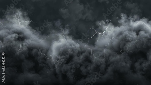 Black stormy smoke clouds with lightning bolts, set against a transparent background, creating a dramatic and intense weather effect.