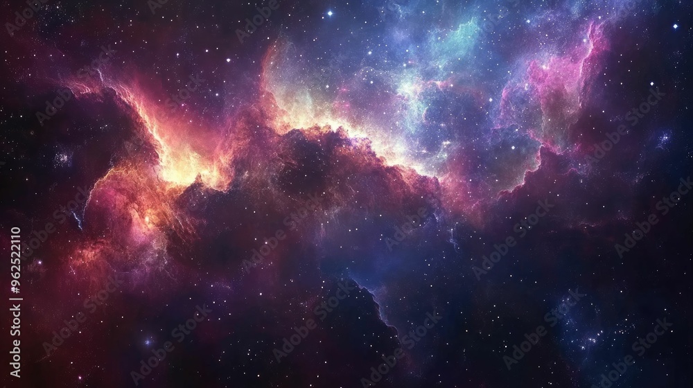 Obraz premium A colorful nebula with swirling clouds of gas and dust against a background of twinkling stars.