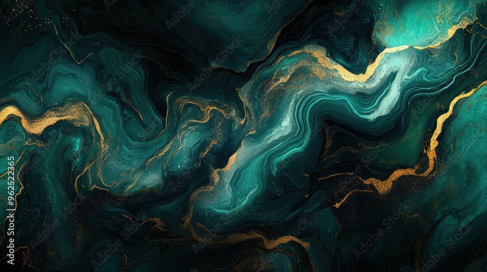 Obraz premium Abstract swirling green and gold liquid marble texture background.