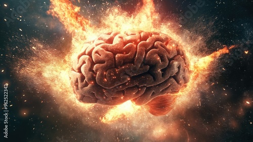 Concept art of a human brain exploding with knowledge and creativity