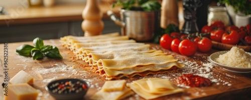 A lasagna cooking process scene in a modern kitchen, with ingredients like pasta sheets, tomato sauce, and cheese laid out on the counter, ready to be assembled