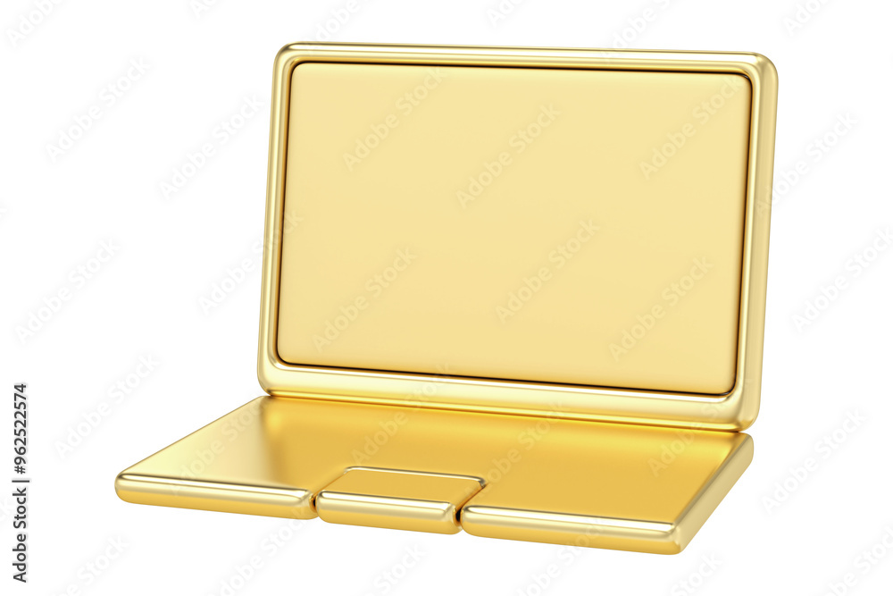 A sleek, modern golden laptop icon, perfect for tech-related themes or luxury branding. This 3D rendering showcases a futuristic design with a metallic gold finish, giving off a premium feel