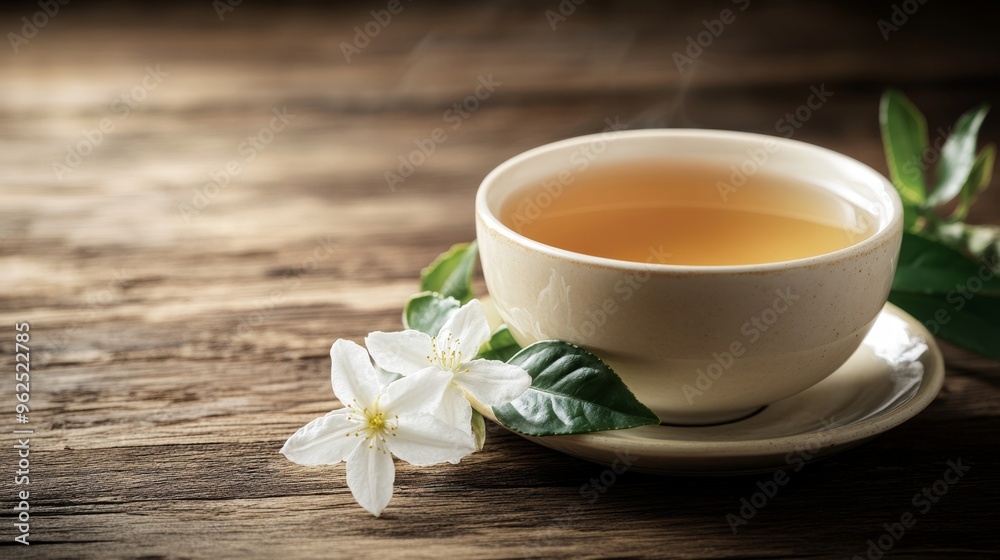 Serene Moment with Jasmine Tea - A Cup of Jasmine Tea on Wooden Table with Fresh Jasmine Flowers, Relaxing Tea Break Concept