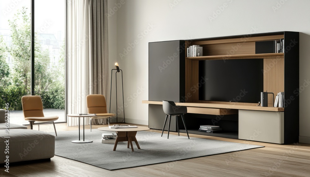 Modern Living Room with Built-in Entertainment Center and Floor Lamp Modern Living Room with Built-in Entertainment Center and Floor Lamp