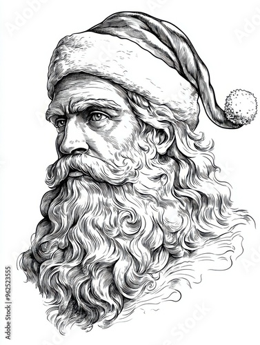 Black and white Vintage engraved art of Oceanus with a Christmas Santa hat, isolated on white background, ink sketch illustration, simple vector art design, highly detailed line art, high contrasty photo