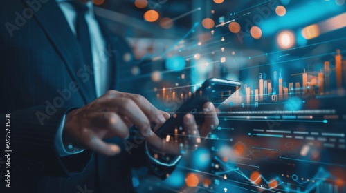 Businessman using a smartphone for global internet connection, leveraging digital marketing, financial services, banking, and big data technologies for business and digital link applications.