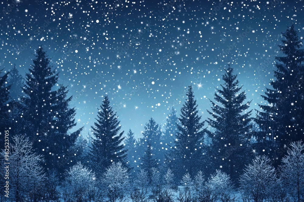 Christmas Background,Winter Night sky dark blue with starry,snowy in woodland landscape with firs,coniferous forest pine and falling snow,Vector Banner for Xmas, with generative ai Christmas Background,Winter Night sky dark blue with starry,snowy in woodland landscape with firs,coniferous forest pine and falling snow,Vector Banner for Xmas, with generative ai