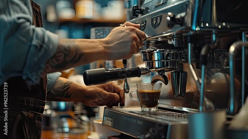 Focused shot of a barista adjusting the grinder on an espresso machine while brewing coffee. 