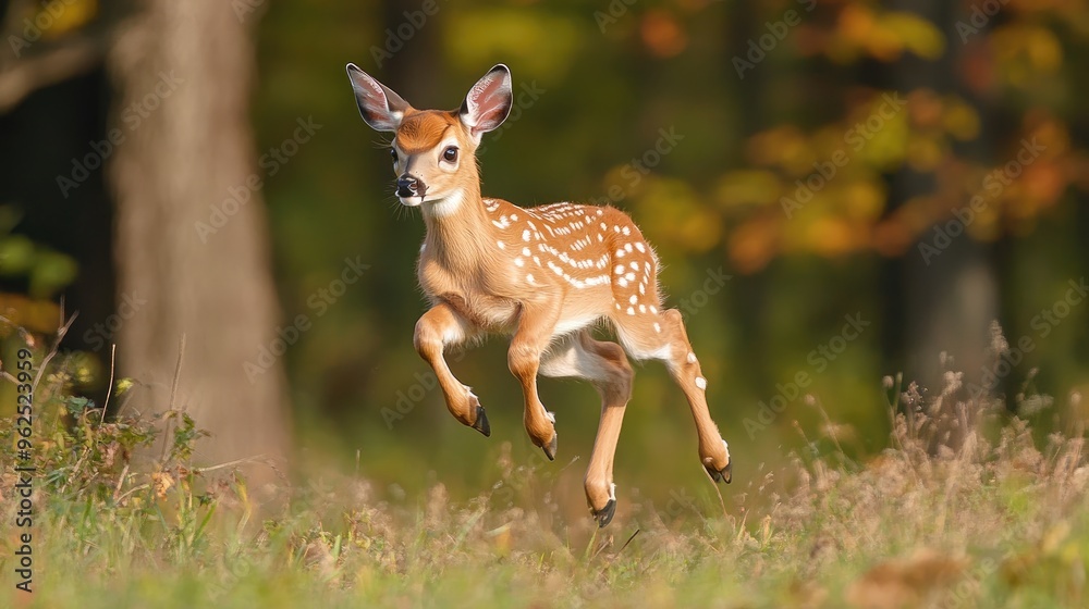 A Spotted Fawn Leaping Through Autumn Foliage