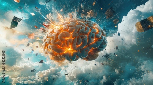 Concept art of a human brain exploding with knowledge and creativity