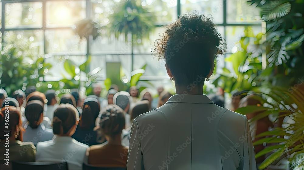 Back view of an environmental specialist presenting to a diverse audience of business leaders in a conference room. Back view of an environmental specialist presenting to a diverse audience of business leaders in a conference room.