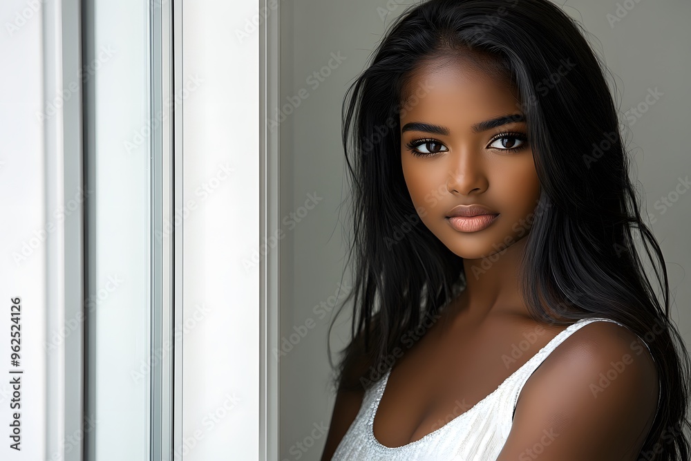 Beautiful Black Woman with Long Hair Looking Out Window Beautiful Black Woman with Long Hair Looking Out Window