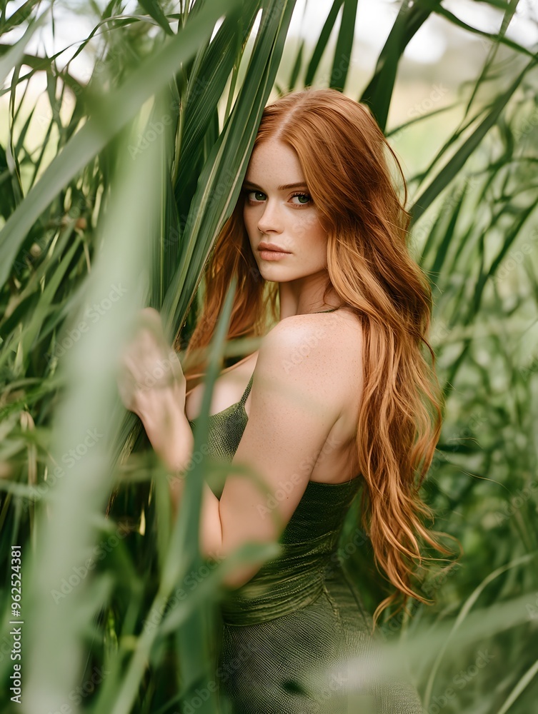 Fototapeta premium Redhead Woman in Green Dress Posing in Lush Greenery
