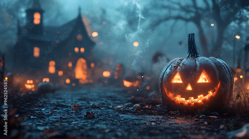 Fototapeta premium Spooky Halloween Night: Haunted House, Creepy Pumpkins, and Eerie Ghosts for Your Seasonal Projects