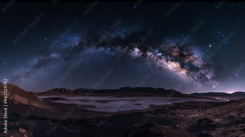 Naklejka premium Expansive salt flats in the desert beneath a clear, star-filled sky with the Milky Way prominently displayed. The barren, textured landscape and cosmic view offer a stunning, remote setting ideal for