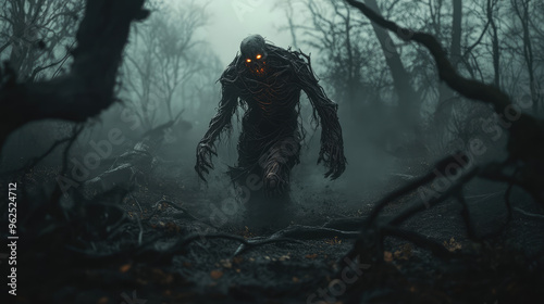 A creepy monster is walking through a dark forest