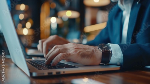 Close-up of a businessman’s hand typing on a laptop in an office, working on a project, searching for information, and surfing the internet while seated at a table in a professional workspace