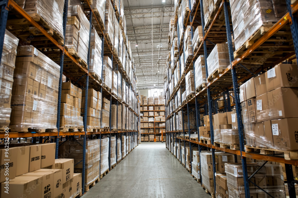 A spacious warehouse filled with neatly stacked boxes on shelves, showcasing organized storage for inventory management. A spacious warehouse filled with neatly stacked boxes on shelves, showcasing organized storage for inventory management.