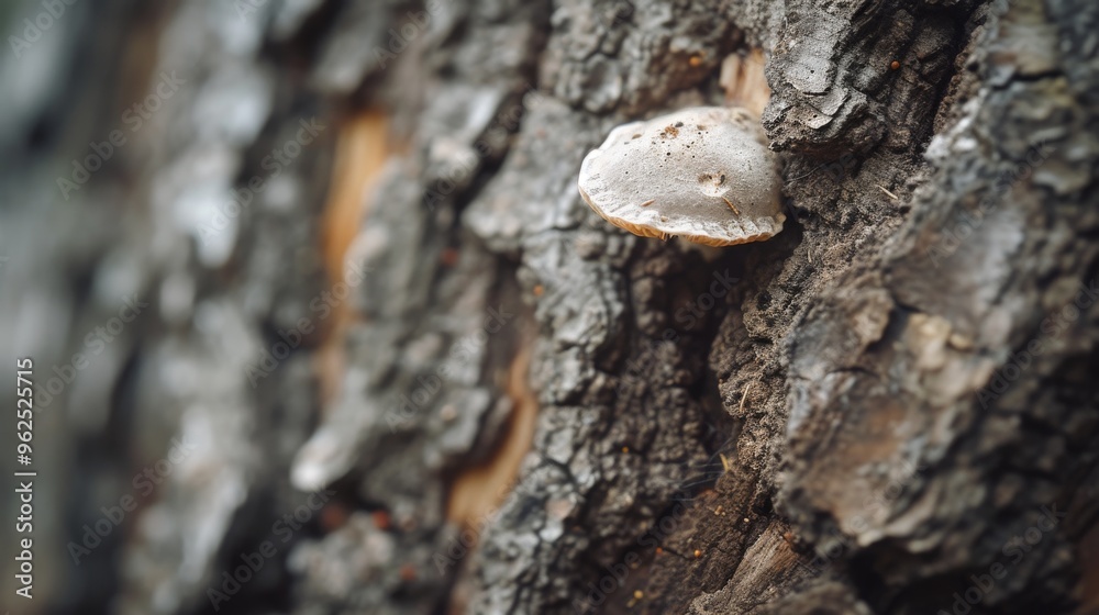 A white mushroom growing on tree bark, set against muted forest tones. The image focuses on the simplicity and natural beauty of the mushroom and bark, with a serene and calming atmosphere. A white mushroom growing on tree bark, set against muted forest tones. The image focuses on the simplicity and natural beauty of the mushroom and bark, with a serene and calming atmosphere.