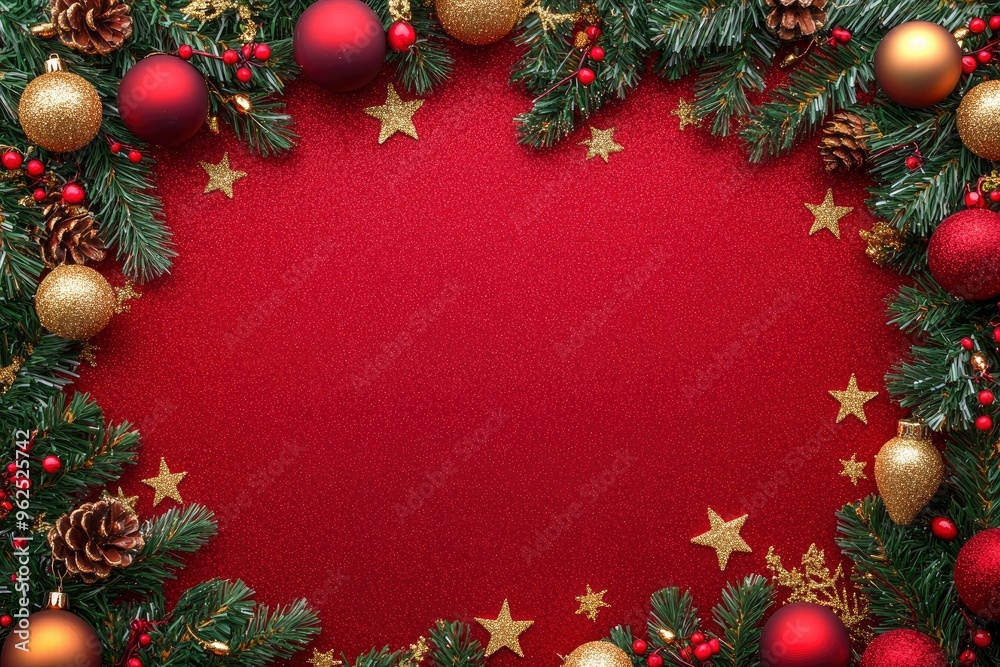 Christmas holiday background. Christmas tree frame with ornaments, stars. Gold and red glitter Christmas corner decorations. Free space for text in the middle. with generative ai