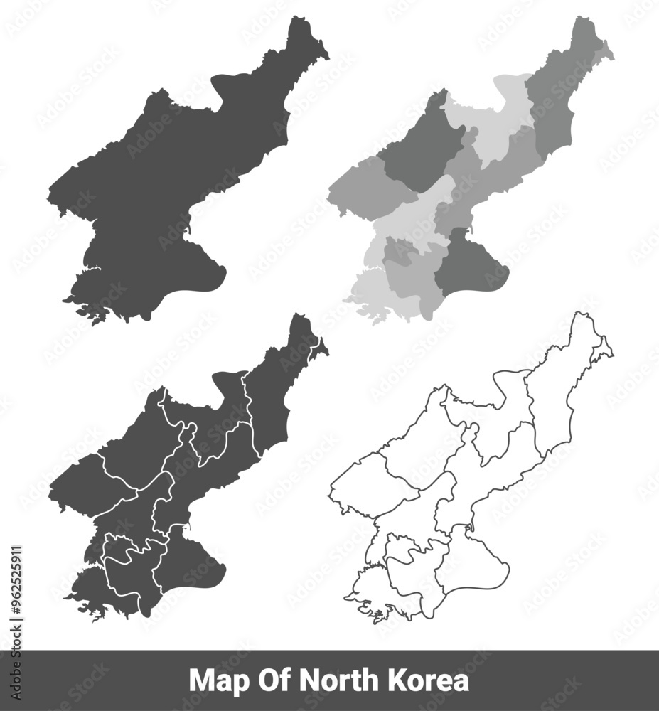 Collection of North Korea country grey political maps set with border outline vector illustration Collection of North Korea country grey political maps set with border outline vector illustration