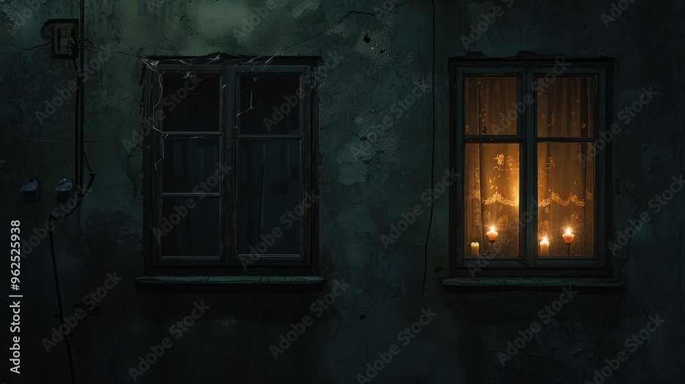 Two adjacent windows on a weathered wall one window dark and the other glowing warmly with candlelight. The contrasting windows create a dramatic, atmospheric scene, highlighting the interplay of Two adjacent windows on a weathered wall one window dark and the other glowing warmly with candlelight. The contrasting windows create a dramatic, atmospheric scene, highlighting the interplay of