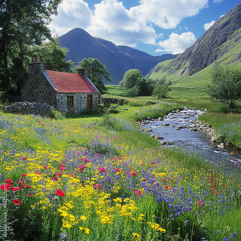 Fototapeta premium A small red house sits in a field of wildflowers next to a river. The scene is peaceful and serene, with the house blending in with the natural surroundings