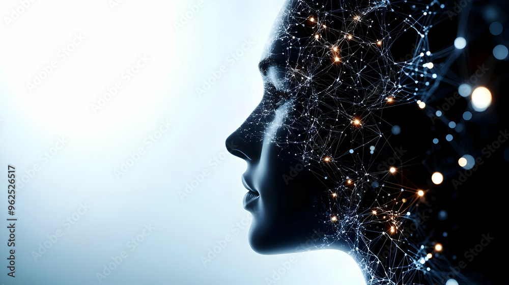 Obraz premium Abstract Digital Human Profile with Glowing Network Lines and Connecting Dots for Concept of Technology, Digital World, and Human Connection