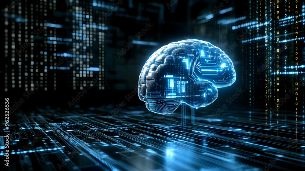 Fototapeta premium Digital Brain Hologram Floating Above a Circuit Board Background with Binary Code in the Background Abstract Animation