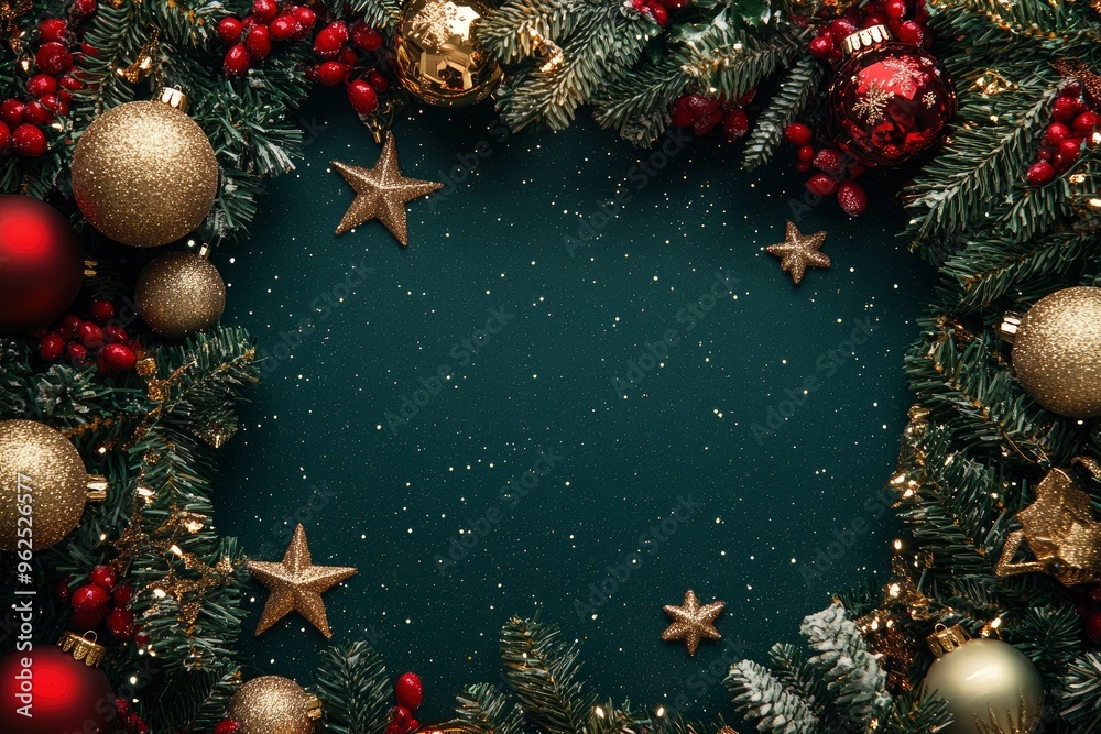 Christmas holiday background. Christmas tree frame with ornaments, stars. Gold and red glitter Christmas corner decorations. Free space for text in the middle. with generative ai Christmas holiday background. Christmas tree frame with ornaments, stars. Gold and red glitter Christmas corner decorations. Free space for text in the middle. with generative ai