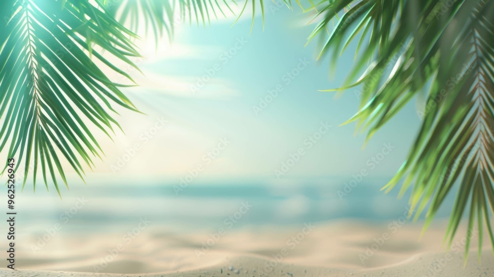 Blurred summer beach scene with soft sunlight, a sandy shore, and palm leaves framing the top corners, leaving space in the center for products or text. Blurred summer beach scene with soft sunlight, a sandy shore, and palm leaves framing the top corners, leaving space in the center for products or text.