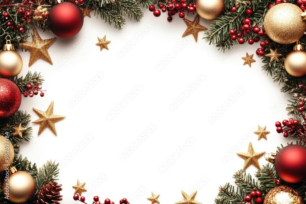 Christmas holiday background. Christmas tree frame with ornaments, stars. Gold and red glitter Christmas corner decorations. Free space for text in the middle. with generative ai Christmas holiday background. Christmas tree frame with ornaments, stars. Gold and red glitter Christmas corner decorations. Free space for text in the middle. with generative ai