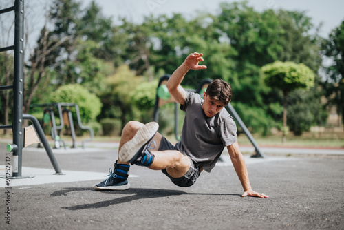 A man practicing sports in an outdoor park, performing a calisthenics exercise on a sunny day. Fitness and agility training in open space.