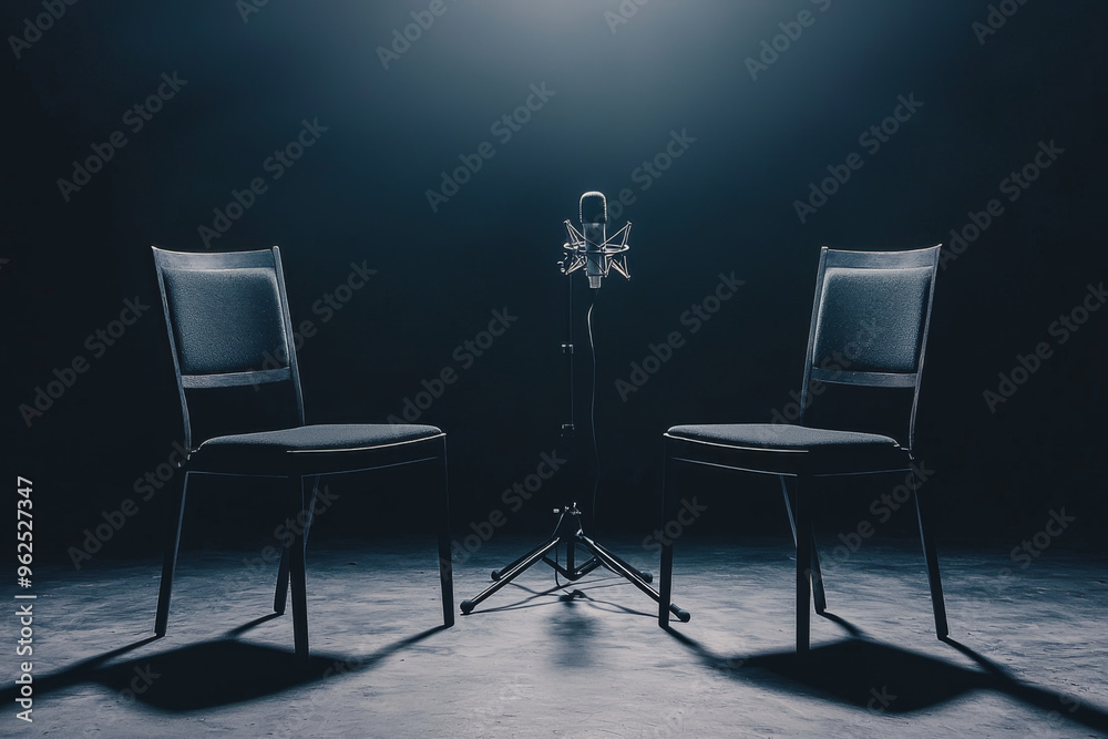 Obraz premium Two empty chairs facing each other with a microphone in between, suggesting a setting for an interview or conversation.