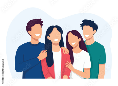 Group portrait of smiling teenage boys and girls or school friends standing together, embracing each other. Happy men and women have fun make diverse gestures.