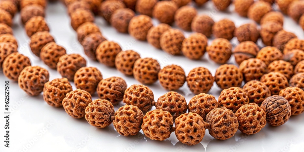 Close-up of Japa mala prayer beads made from rudraksha tree seeds , spirituality, meditation, Hinduism, traditional
