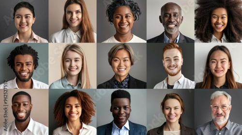 A collage of diverse individuals from different generations and races, smiling and looking at the camera. Includes mature businesspeople, young professionals, and students in an indoor, webcam view.