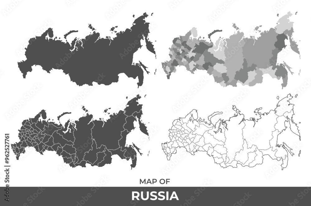 Collection of Russia country grey political maps set with border outline vector illustration