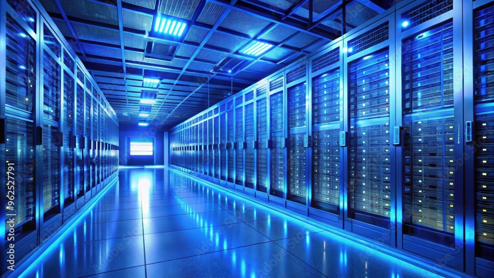 Blue-lit server room with rows of cabinets and technology, server room, blue light, cabinets, technology Blue-lit server room with rows of cabinets and technology, server room, blue light, cabinets, technology