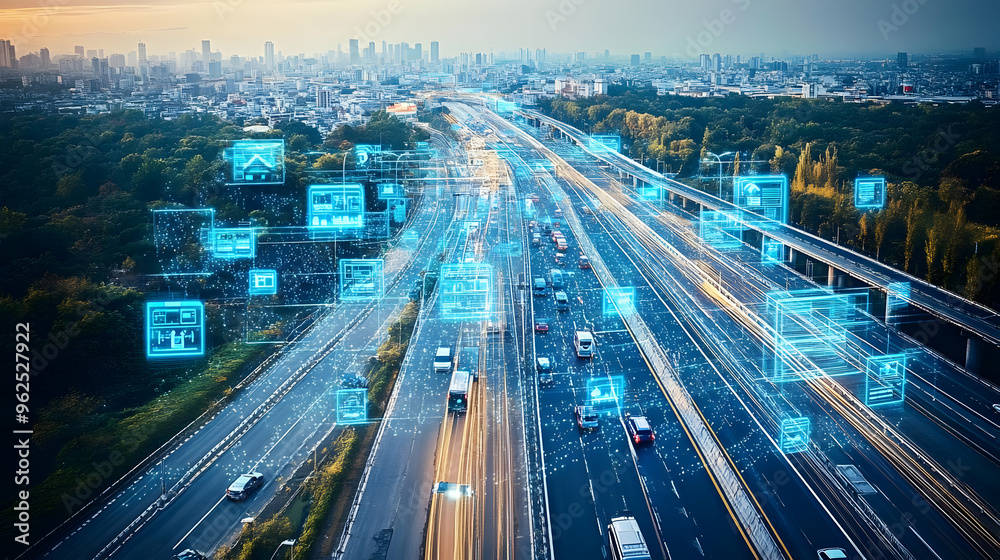 Obraz premium Aerial View of a City Highway with Connected Cars and Digital Interfaces