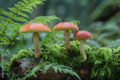 Vibrant red mushrooms emerge from a mossy log, surrounded by lush green ferns in a tranquil forest setting, capturing the beauty of nature's intricacies during a misty morning photo