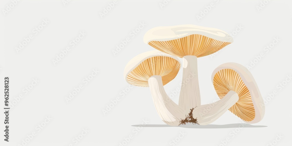 Delicate wild mushrooms sprouting under soft light on a gentle, neutral backdrop, showcasing nature's artistry in a serene outdoor setting Delicate wild mushrooms sprouting under soft light on a gentle, neutral backdrop, showcasing nature's artistry in a serene outdoor setting