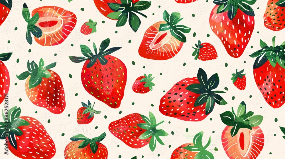 116. Playful seamless pattern featuring freshly hand-drawn strawberries in a vibrant cartoon style, bursting with bright reds and greens, perfect for summer designs and cheerful artwork